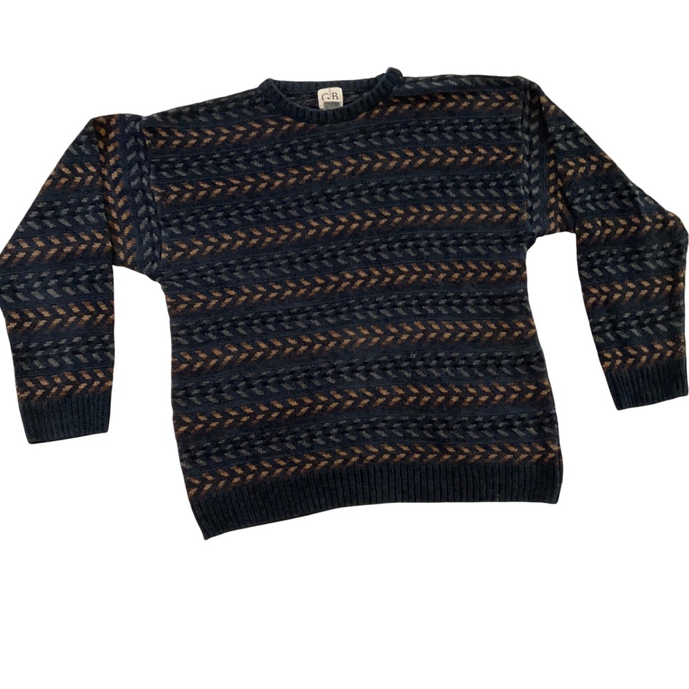 Vintage GB Sweater Mens Crew Neck Knit Blue Brown Patterned Casual XL